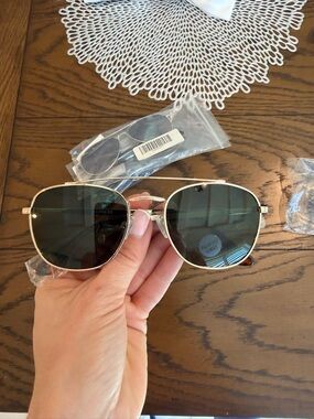 Express Gold Frame Polarized Sunglasses with Dark Green Lenses